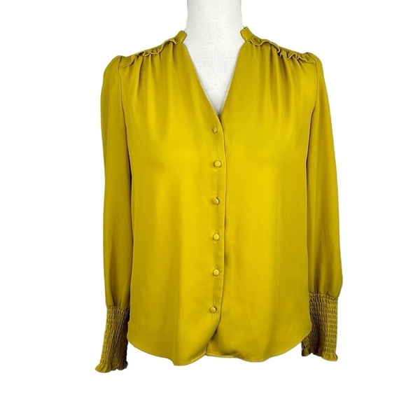 Nanette Lepore Mustard yellow Sheer Button Down Smocked Business Top Size XS - Picture 1 of 6